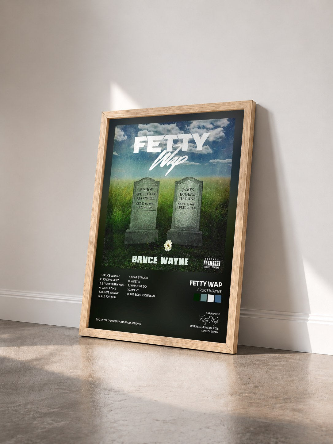 #bois Tableau de l'album Bruce Wayne de Fetty Wap vu de trois quarts, cadre en bois brut