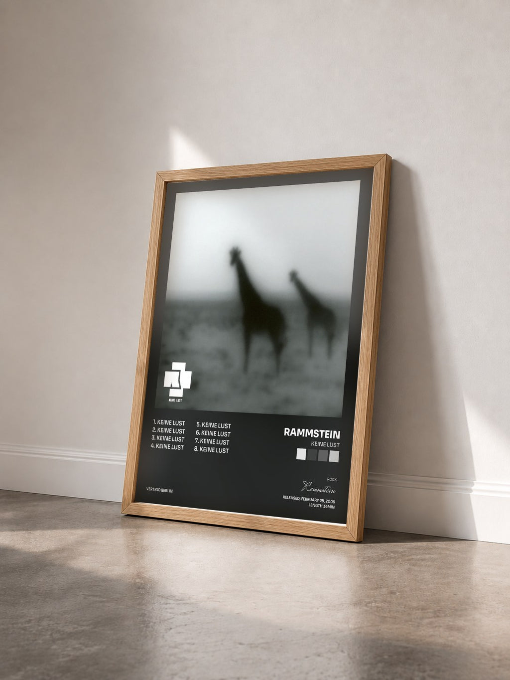 #bois Tableau de l'album Keine Lust de Rammstein vu de trois quarts, cadre en bois brut