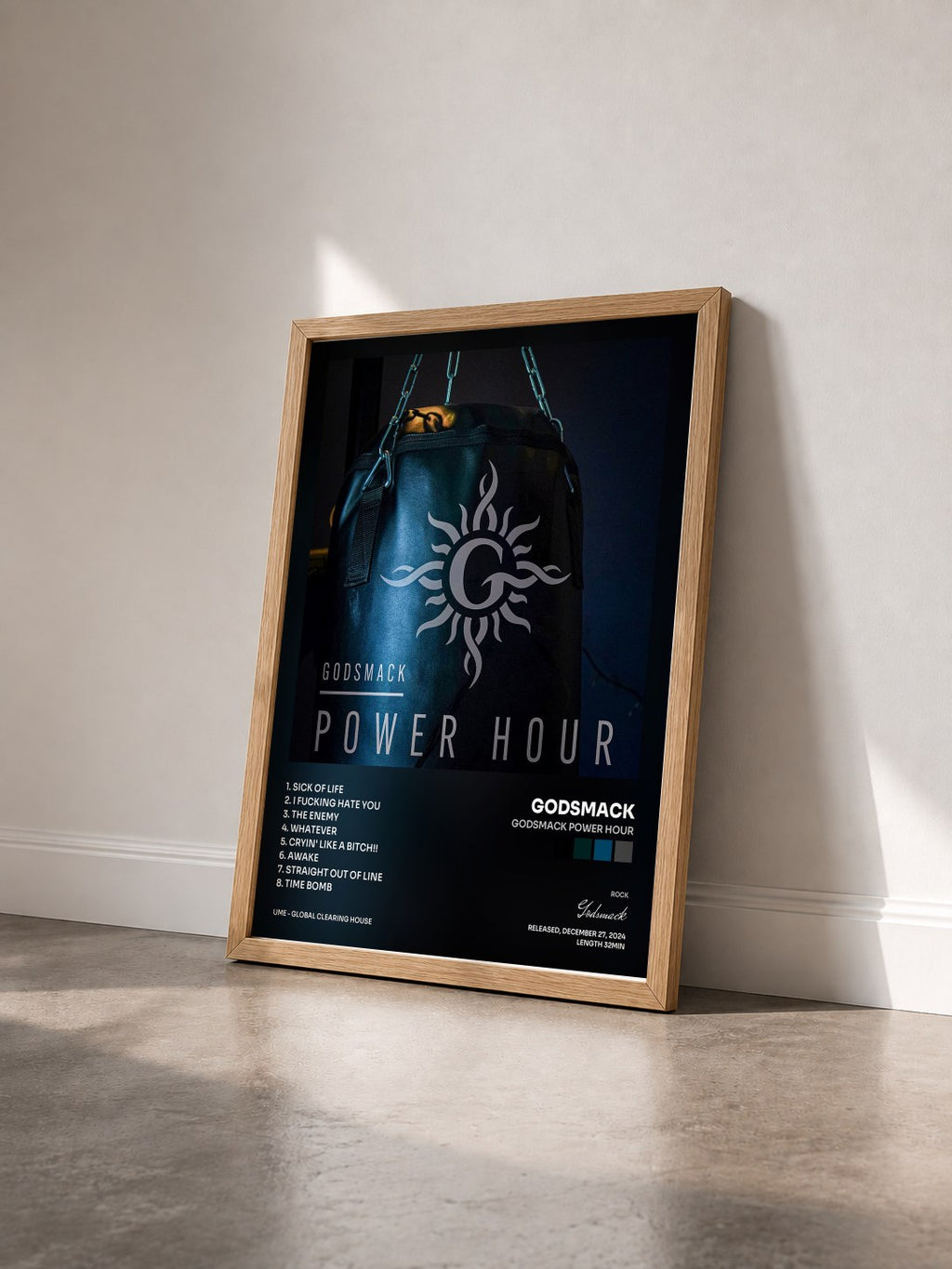 #bois Tableau de l'album Godsmack Power Hour de Godsmack vu de trois quarts, cadre en bois brut