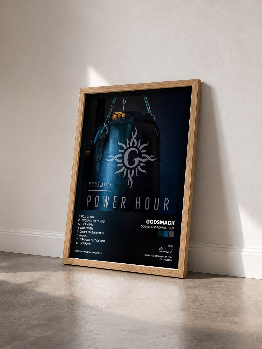 #bois Tableau de l'album Godsmack Power Hour de Godsmack vu de trois quarts, cadre en bois brut