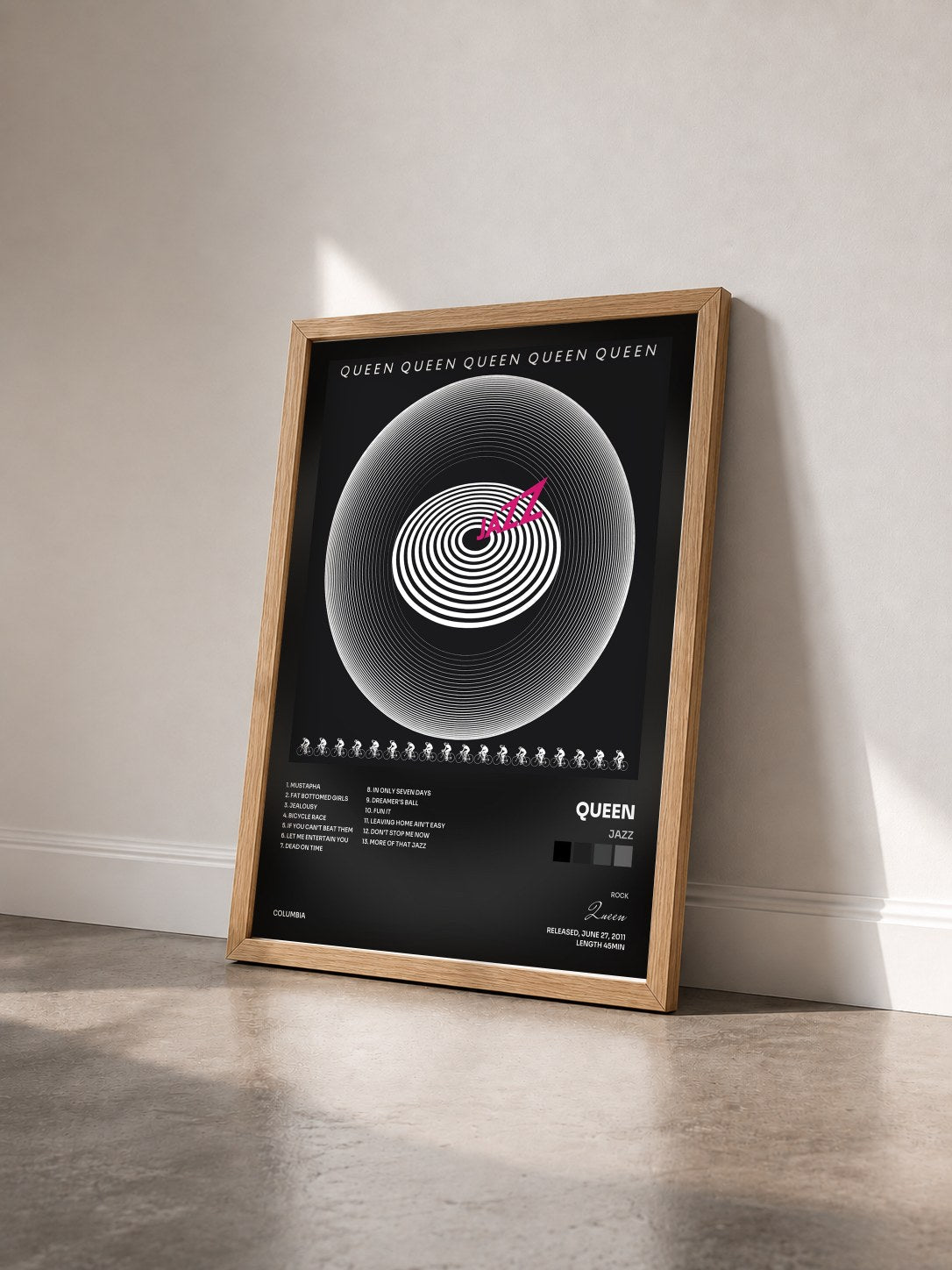 #bois Tableau de l'album Jazz de Queen vu de trois quarts, cadre en bois brut