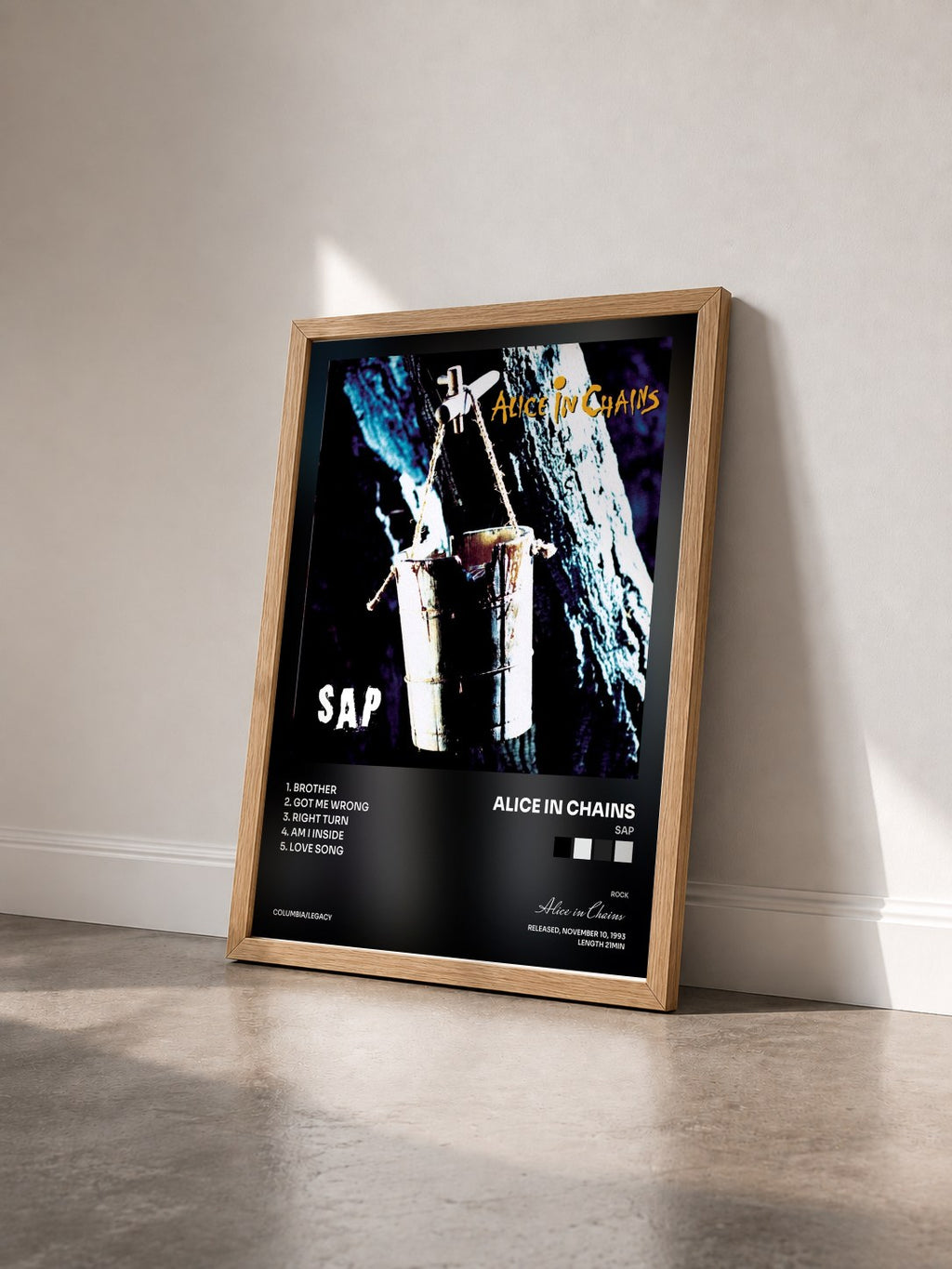 #bois Tableau de l'album Sap de Alice in Chains vu de trois quarts, cadre en bois brut
