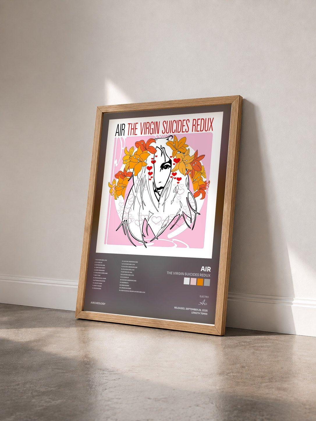 #bois Tableau de l'album The Virgin Suicides Redux de Air vu de trois quarts, cadre en bois brut
