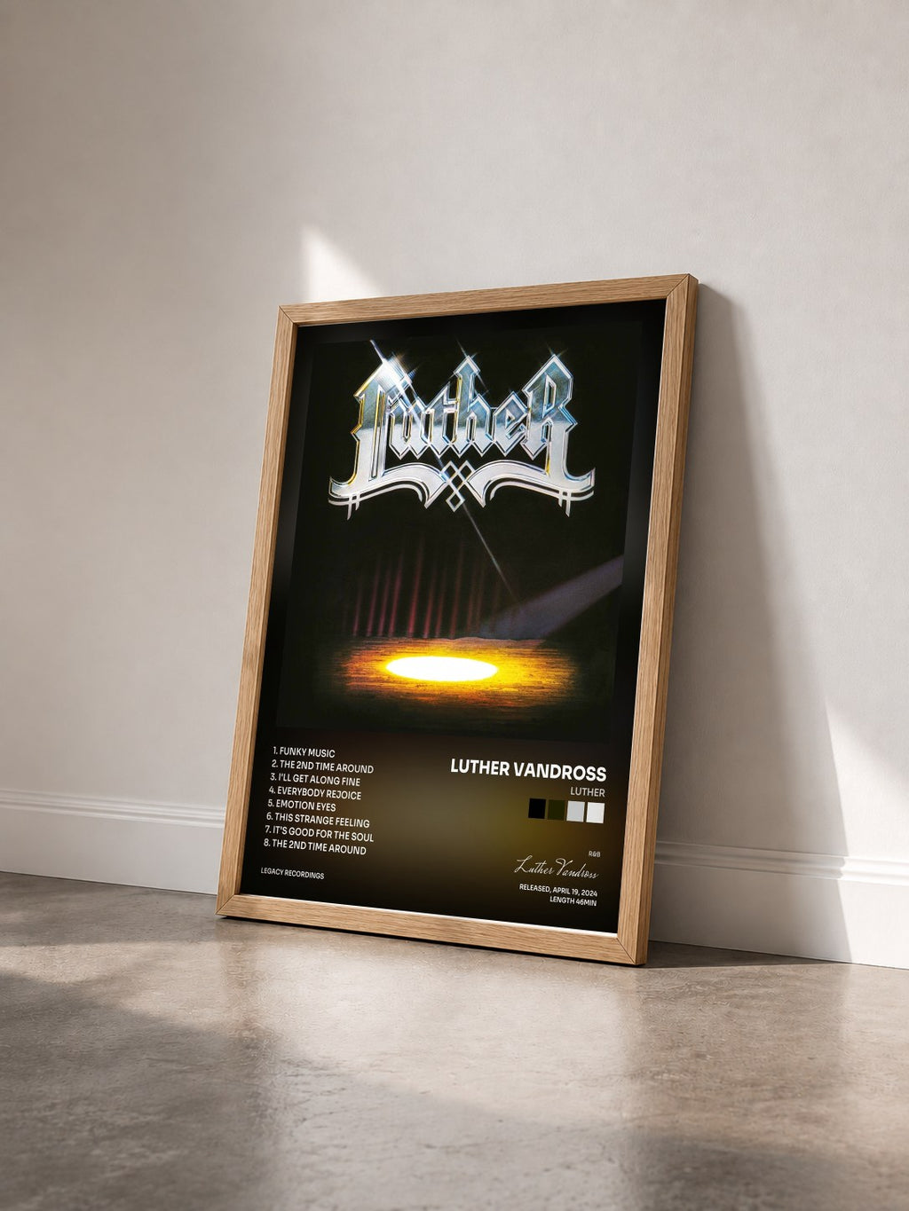 #bois Tableau de l'album Luther de Luther Vandross vu de trois quarts, cadre en bois brut