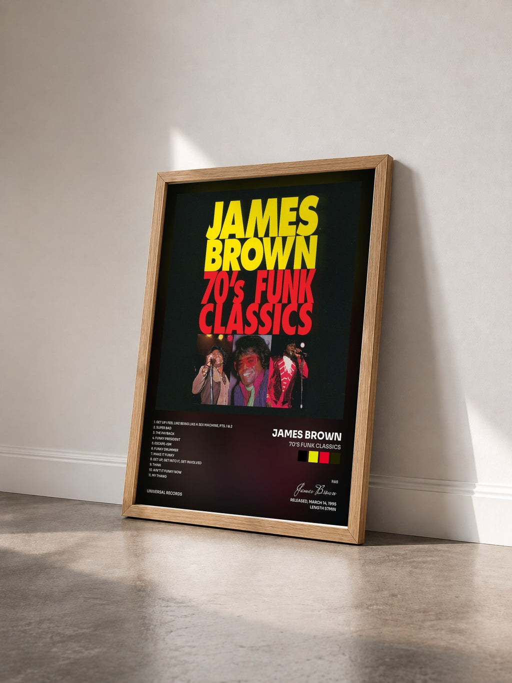 #bois Tableau de l'album 70's Funk Classics de James Brown vu de trois quarts, cadre en bois brut