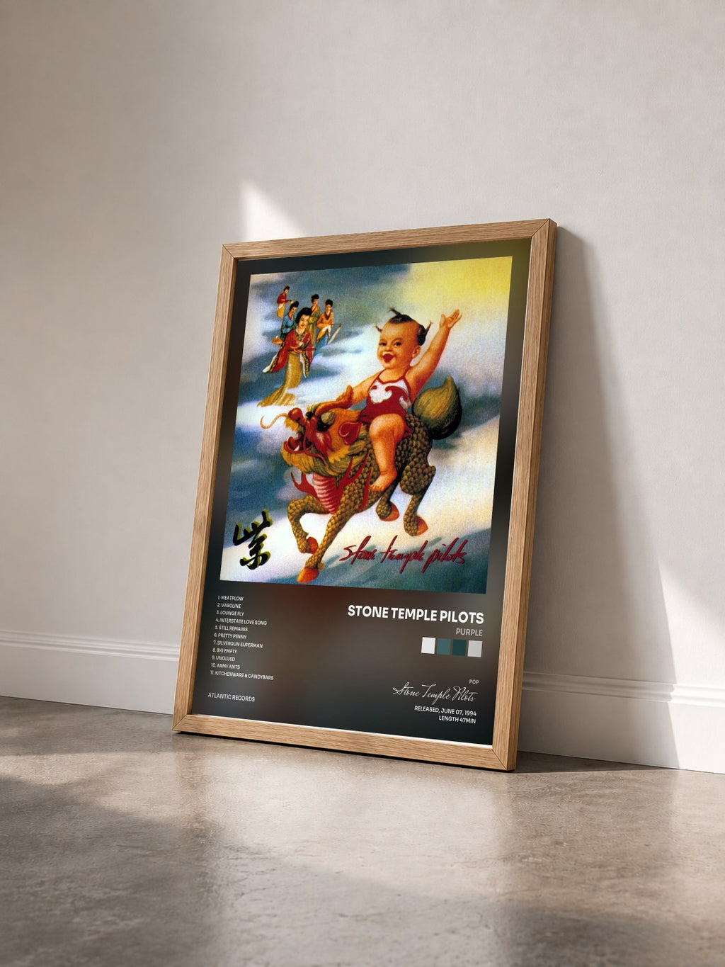 #bois Tableau de l'album Purple de Stone Temple Pilots vu de trois quarts, cadre en bois brut