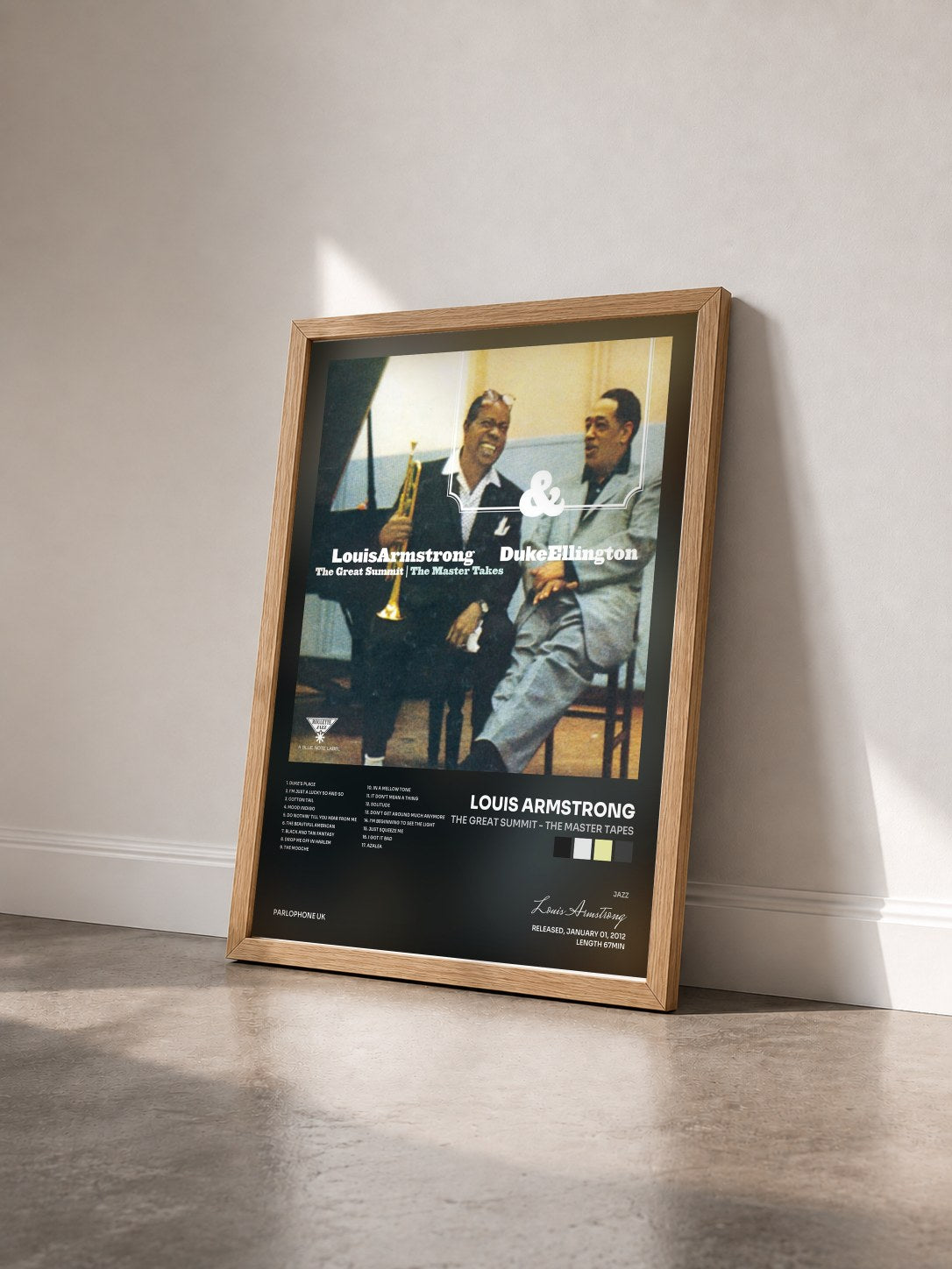 #bois Tableau de l'album The Great Summit - The Master Tapes de Louis Armstrong vu de trois quarts, cadre en bois brut