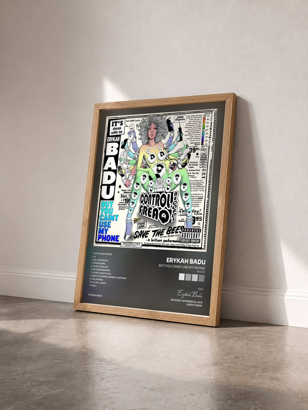 #bois Tableau de l'album But You Caint Use My Phone (Mixtape) de Erykah Badu vu de trois quarts, cadre en bois brut