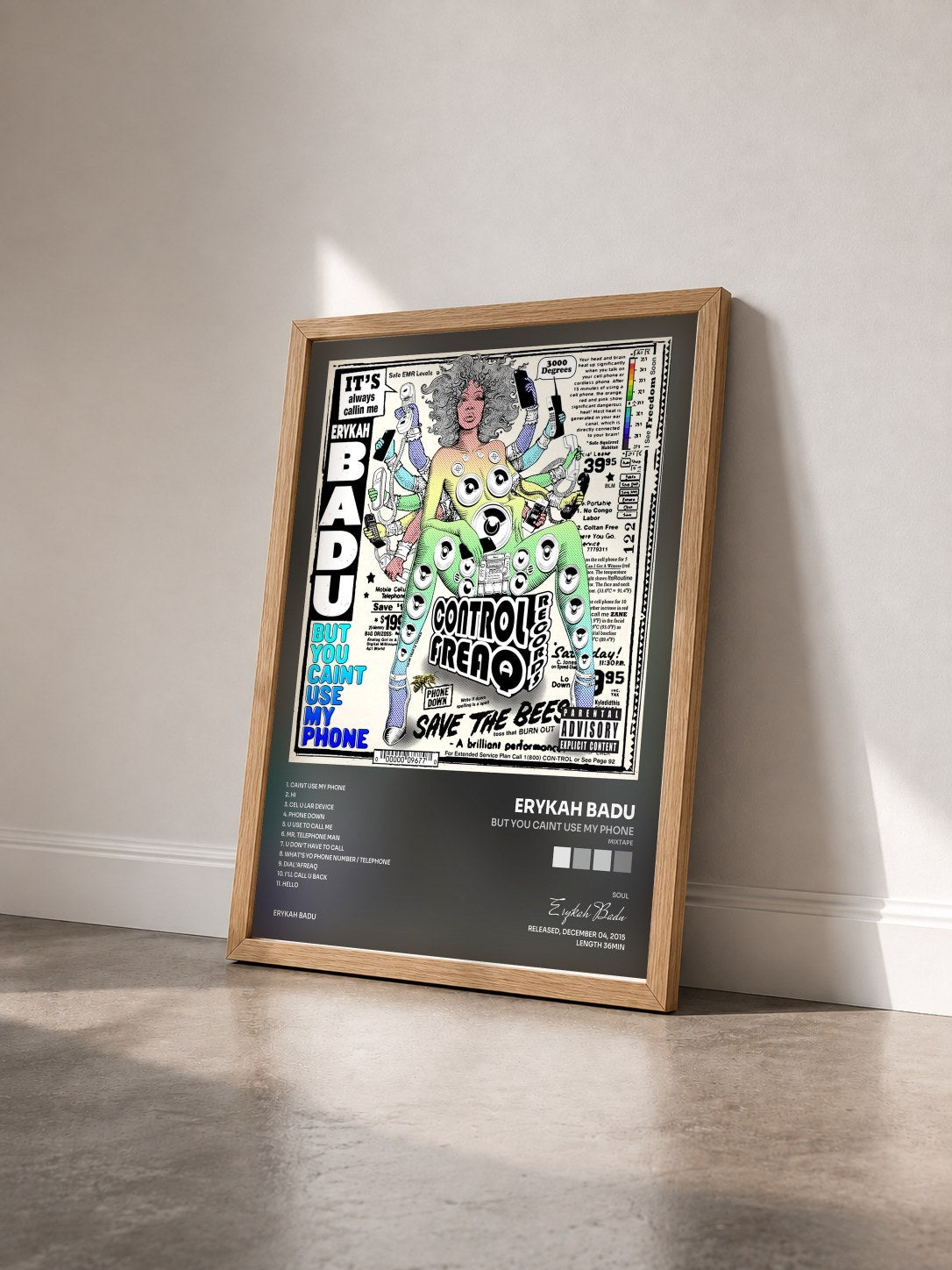 #bois Tableau de l'album But You Caint Use My Phone (Mixtape) de Erykah Badu vu de trois quarts, cadre en bois brut