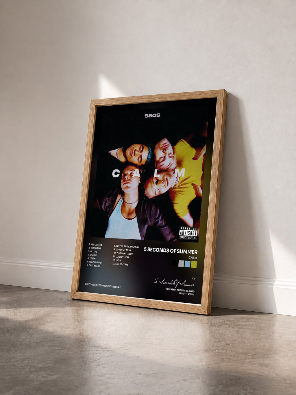 #bois Tableau de l'album CALM de 5 Seconds Of Summer vu de trois quarts, cadre en bois brut