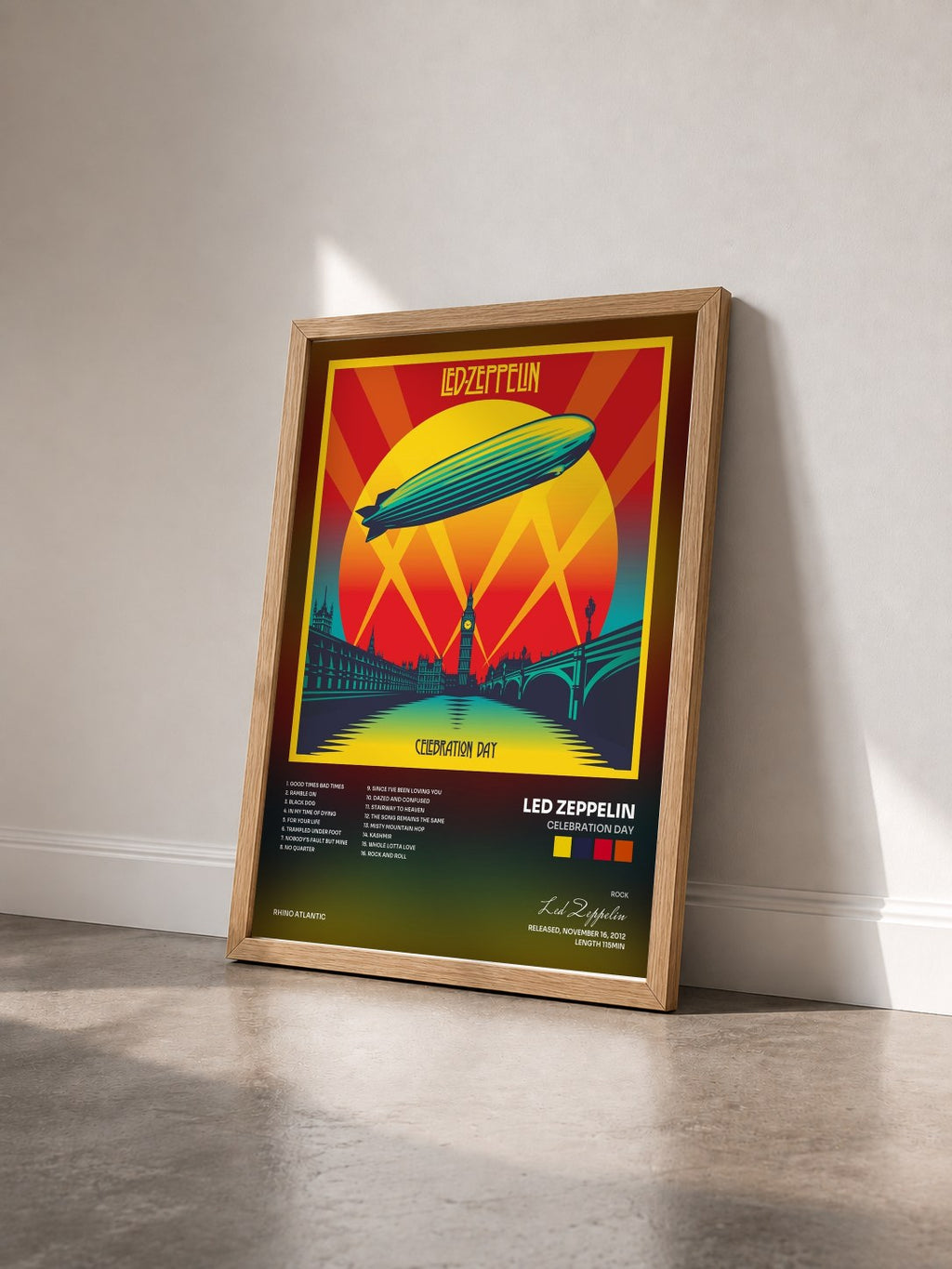 #bois Tableau de l'album Celebration Day de Led Zeppelin vu de trois quarts, cadre en bois brut