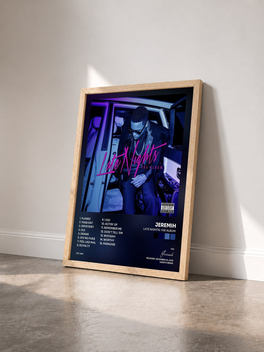 #bois Tableau de l'album Late Nights: The Album de Jeremih vu de trois quarts, cadre en bois brut