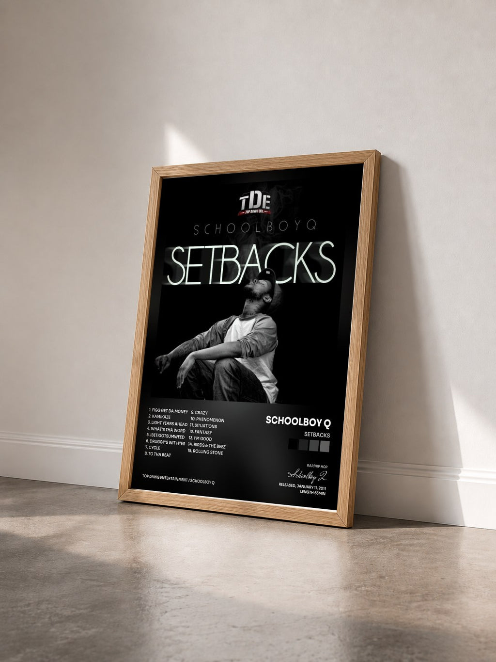 #bois Tableau de l'album Setbacks de Schoolboy Q vu de trois quarts, cadre en bois brut