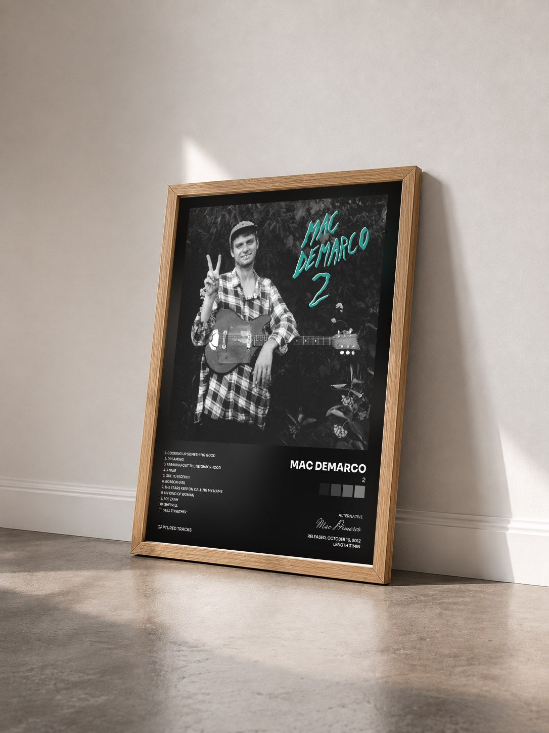 #bois Tableau de l'album 2 de Mac Demarco vu de trois quarts, cadre en bois brut