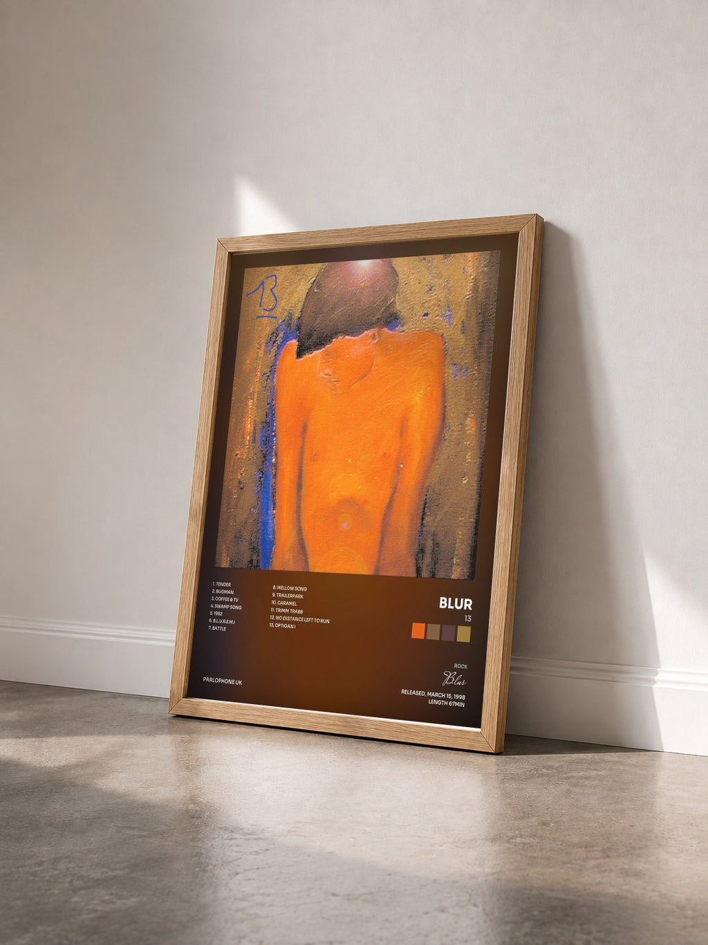 #bois Tableau de l'album 13 de Blur vu de trois quarts, cadre en bois brut