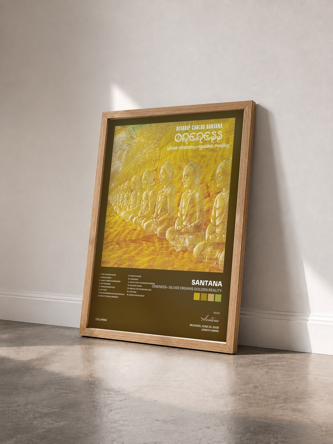 #bois Tableau de l'album Oneness- Silver Dreams Golden Reality de Santana vu de trois quarts, cadre en bois brut