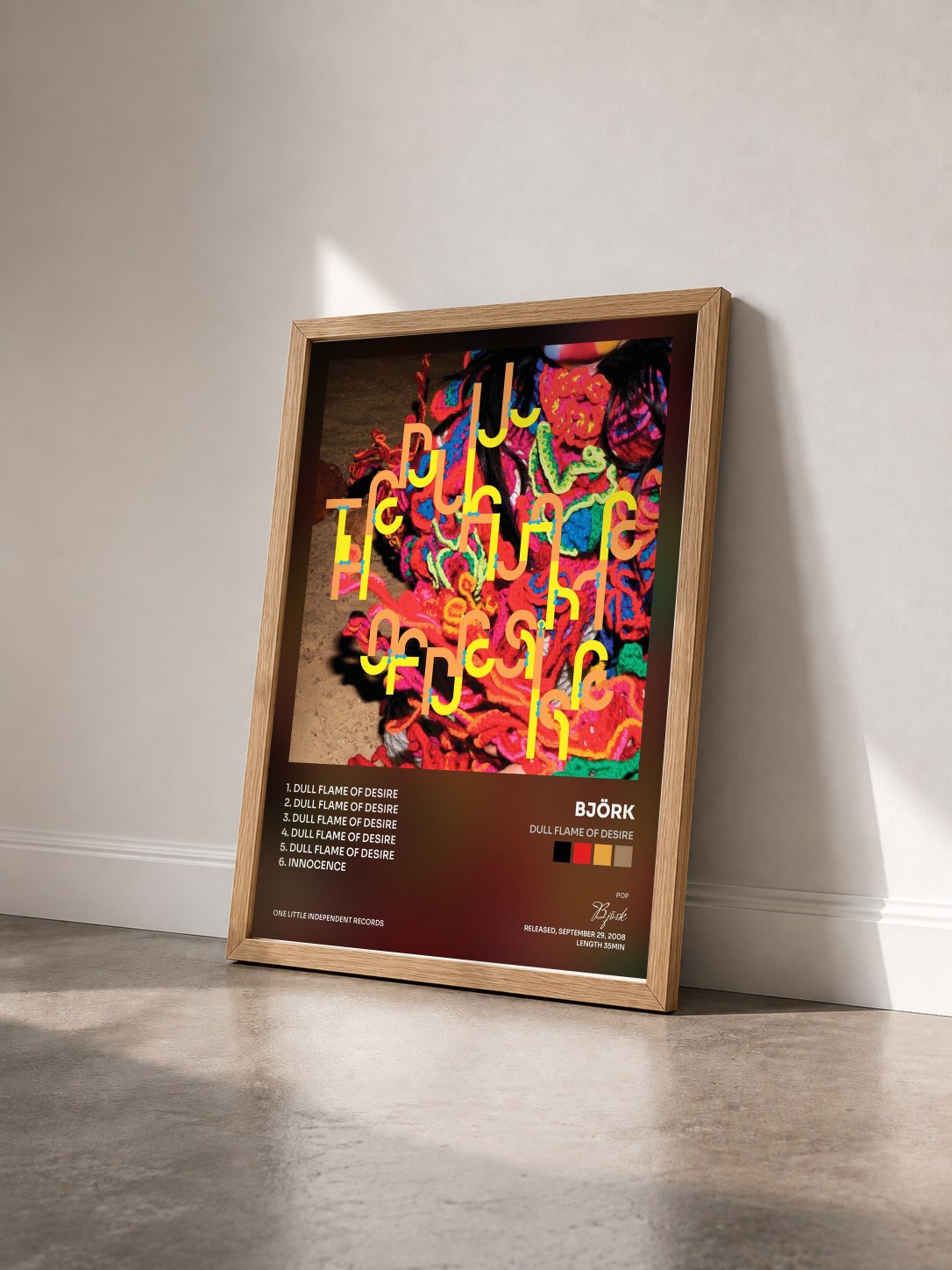 #bois Tableau de l'album Dull Flame Of Desire de Björk vu de trois quarts, cadre en bois brut