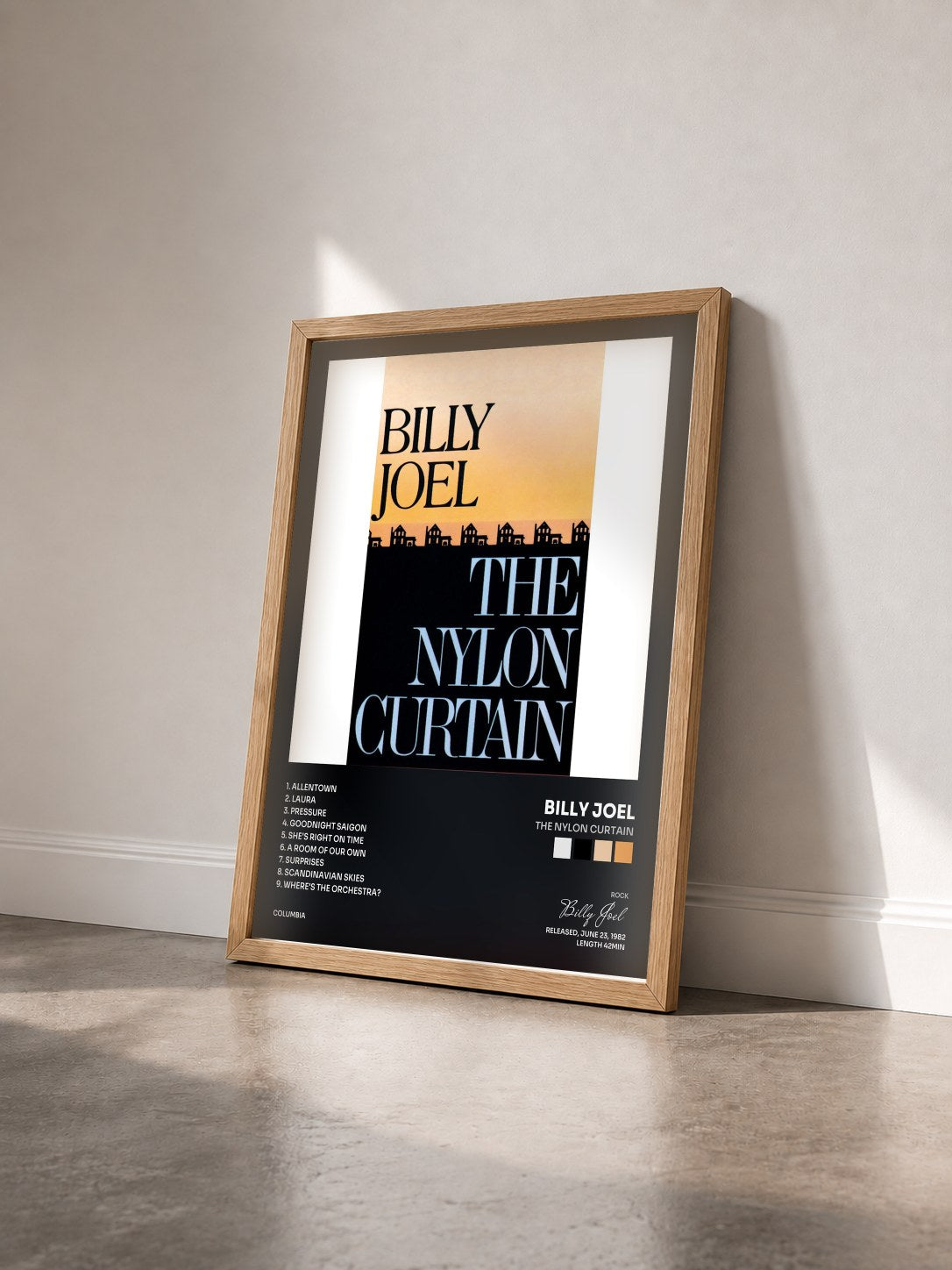 #bois Tableau de l'album The Nylon Curtain de Billy Joel vu de trois quarts, cadre en bois brut