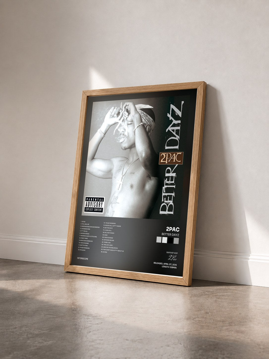 #bois Tableau de l'album Better Dayz de 2Pac vu de trois quarts, cadre en bois brut