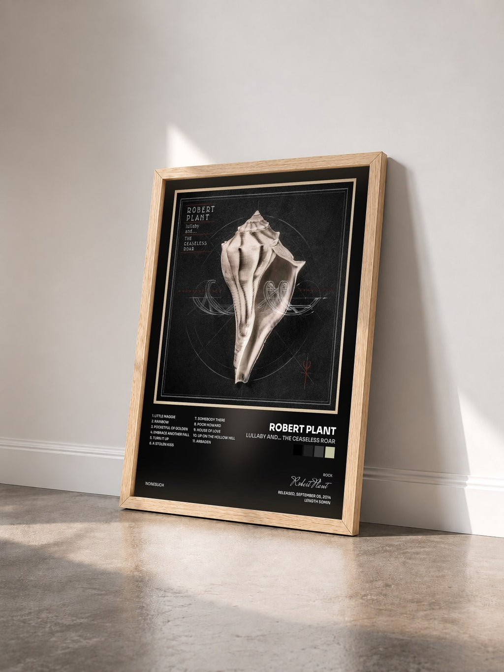 #bois Tableau de l'album lullaby and... The Ceaseless Roar de Robert Plant vu de trois quarts, cadre en bois brut