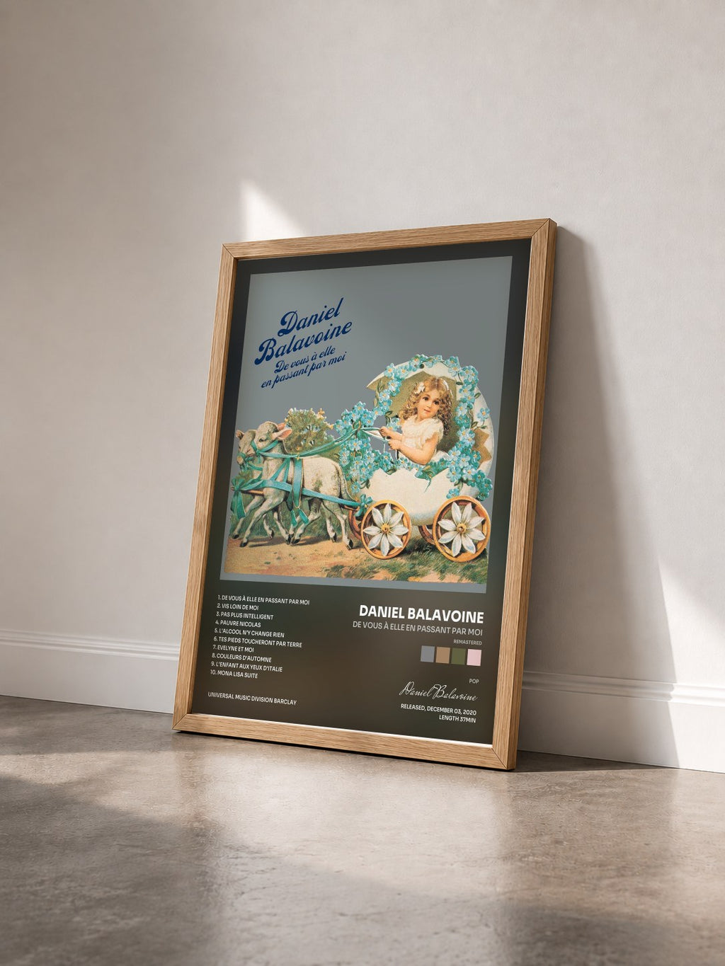 #bois Tableau de l'album De vous à elle en passant par moi (Remastered) de Daniel Balavoine vu de trois quarts, cadre en bois brut