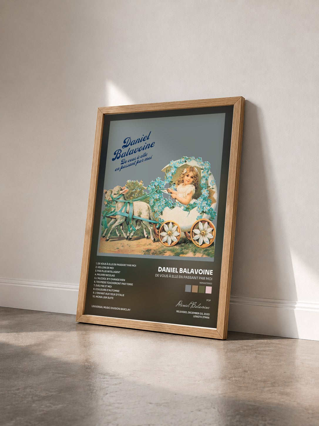 #bois Tableau de l'album De vous à elle en passant par moi (Remastered) de Daniel Balavoine vu de trois quarts, cadre en bois brut