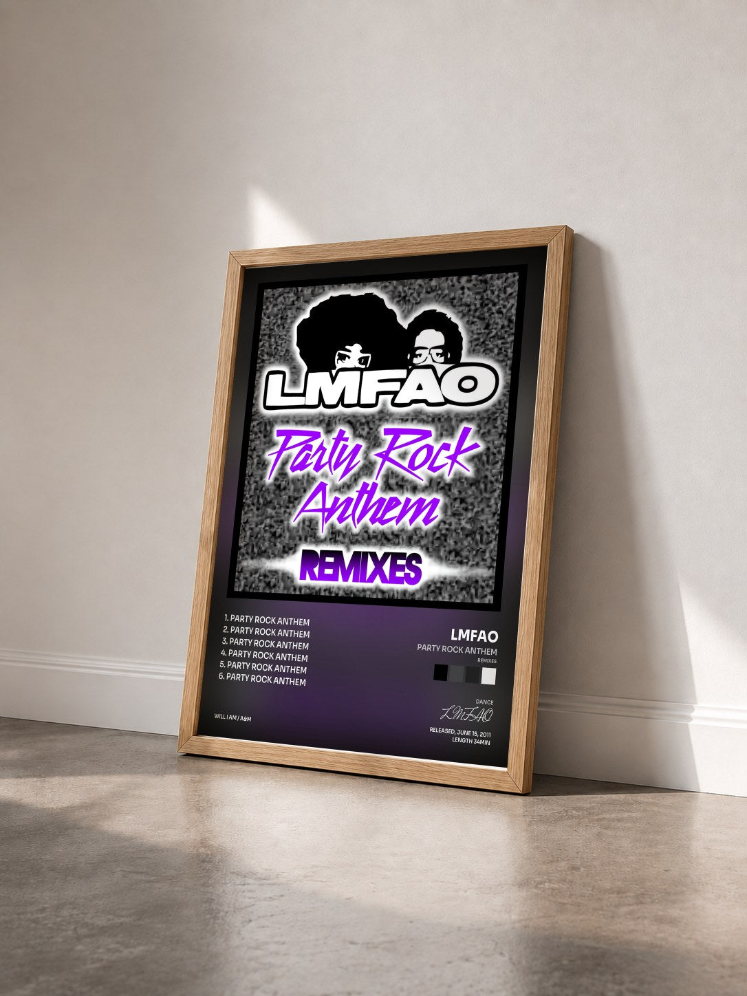 #bois Tableau de l'album Party Rock Anthem (Remixes) de LMFAO vu de trois quarts, cadre en bois brut