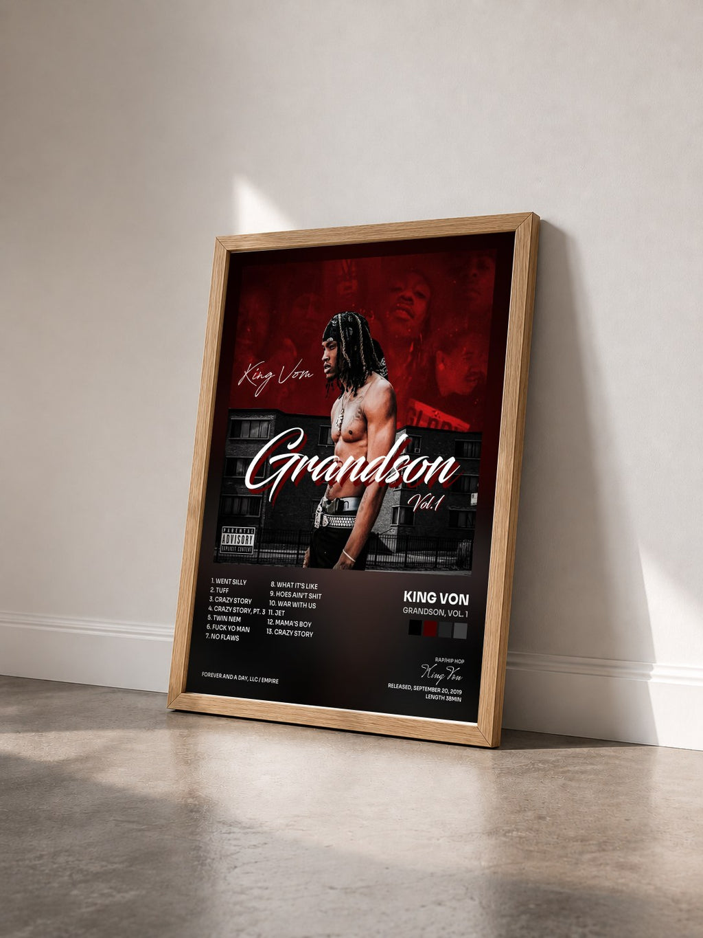#bois Tableau de l'album Grandson, Vol. 1 de King Von vu de trois quarts, cadre en bois brut
