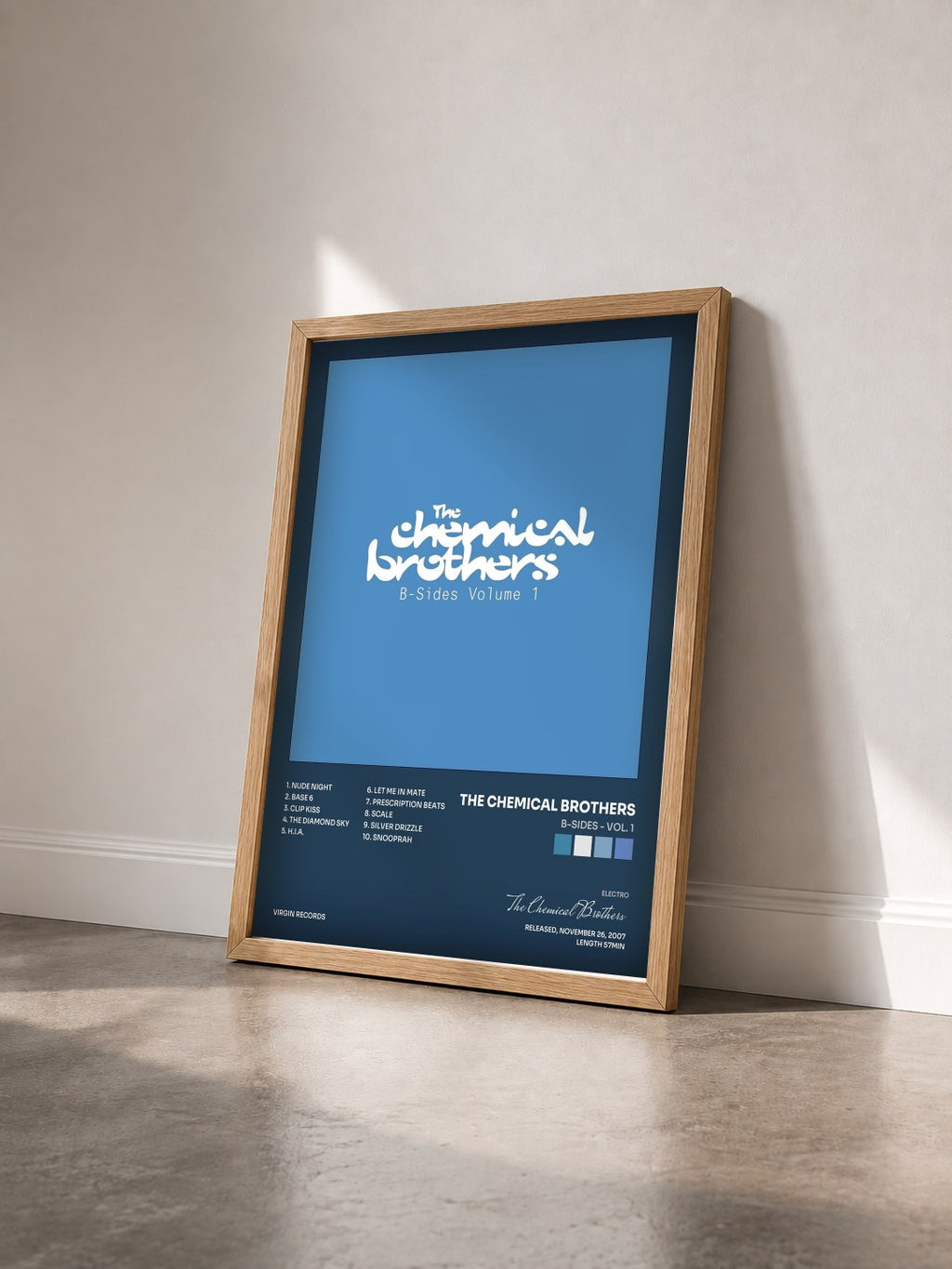 #bois Tableau de l'album B-Sides - Vol. 1 de The Chemical Brothers vu de trois quarts, cadre en bois brut
