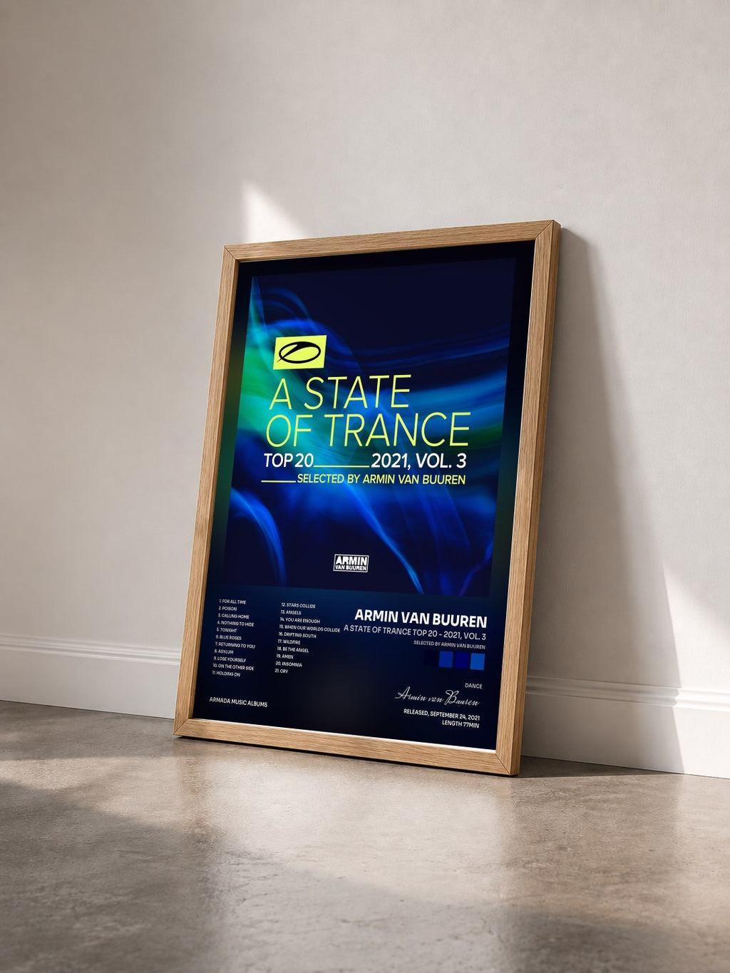 #bois Tableau de l'album A State Of Trance Top 20 - 2021, Vol. 3 (Selected by Armin van Buuren) de Armin van Buuren vu de trois quarts, cadre en bois brut