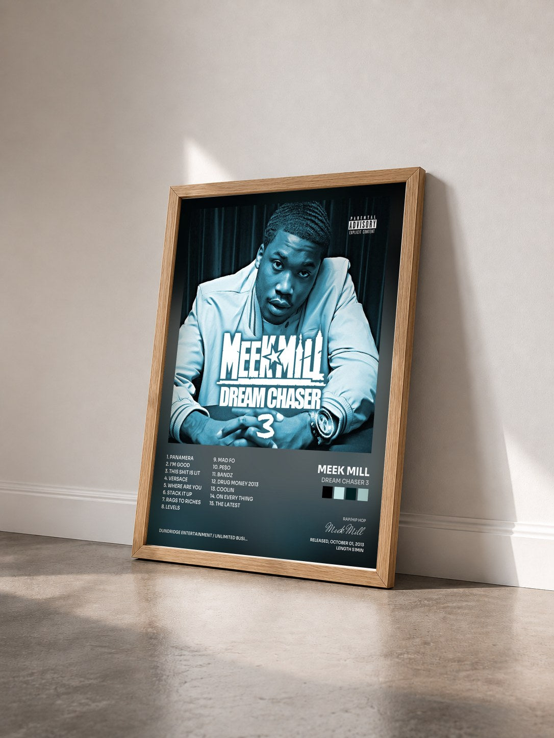 #bois Tableau de l'album Dream Chaser 3 de Meek Mill vu de trois quarts, cadre en bois brut