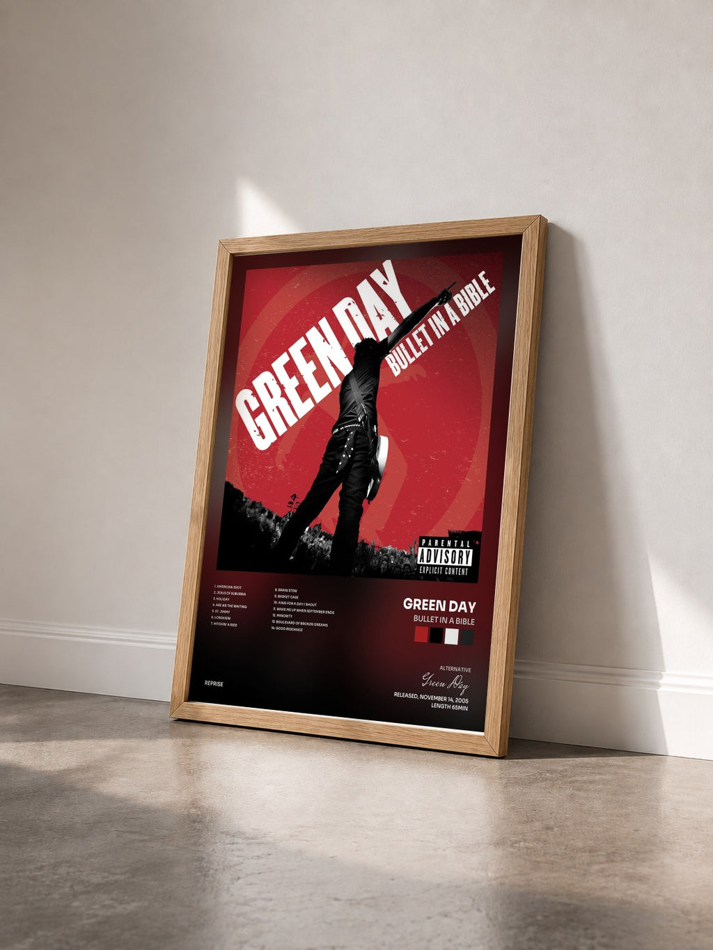 #bois Tableau de l'album Bullet in a Bible de Green Day vu de trois quarts, cadre en bois brut