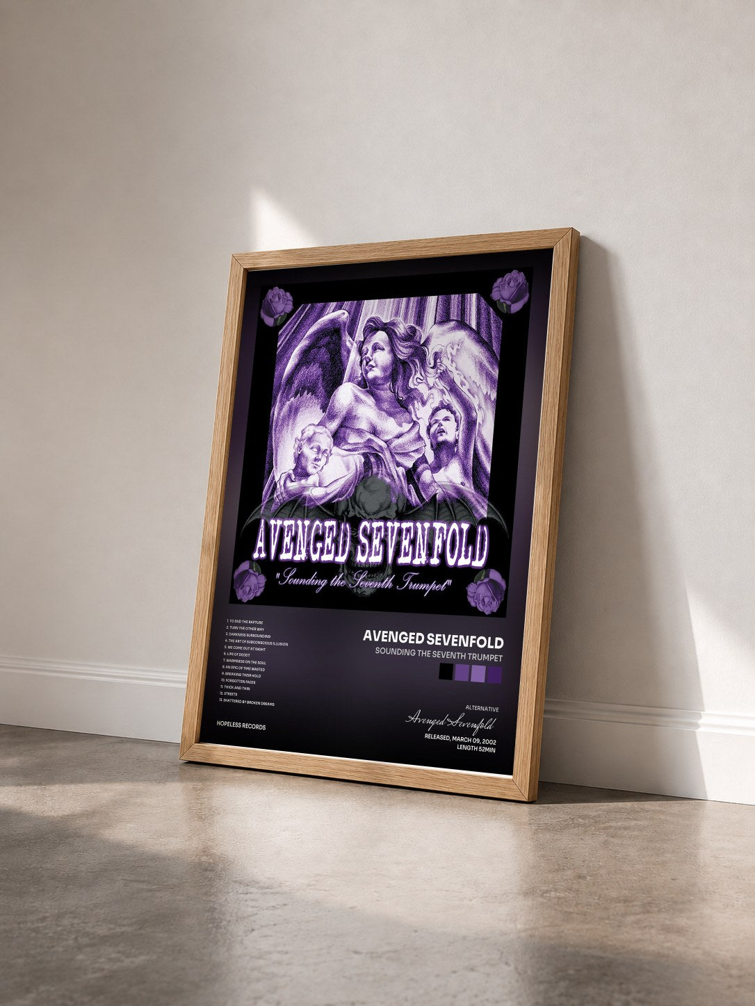 #bois Tableau de l'album Sounding The Seventh Trumpet de Avenged Sevenfold vu de trois quarts, cadre en bois brut