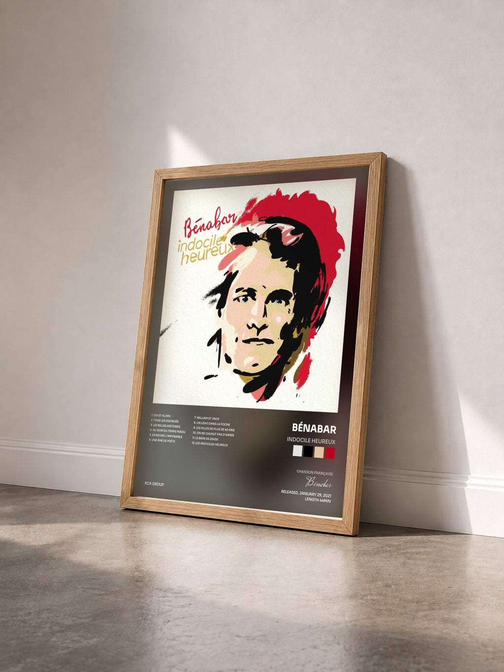 #bois Tableau de l'album Indocile heureux de Bénabar vu de trois quarts, cadre en bois brut