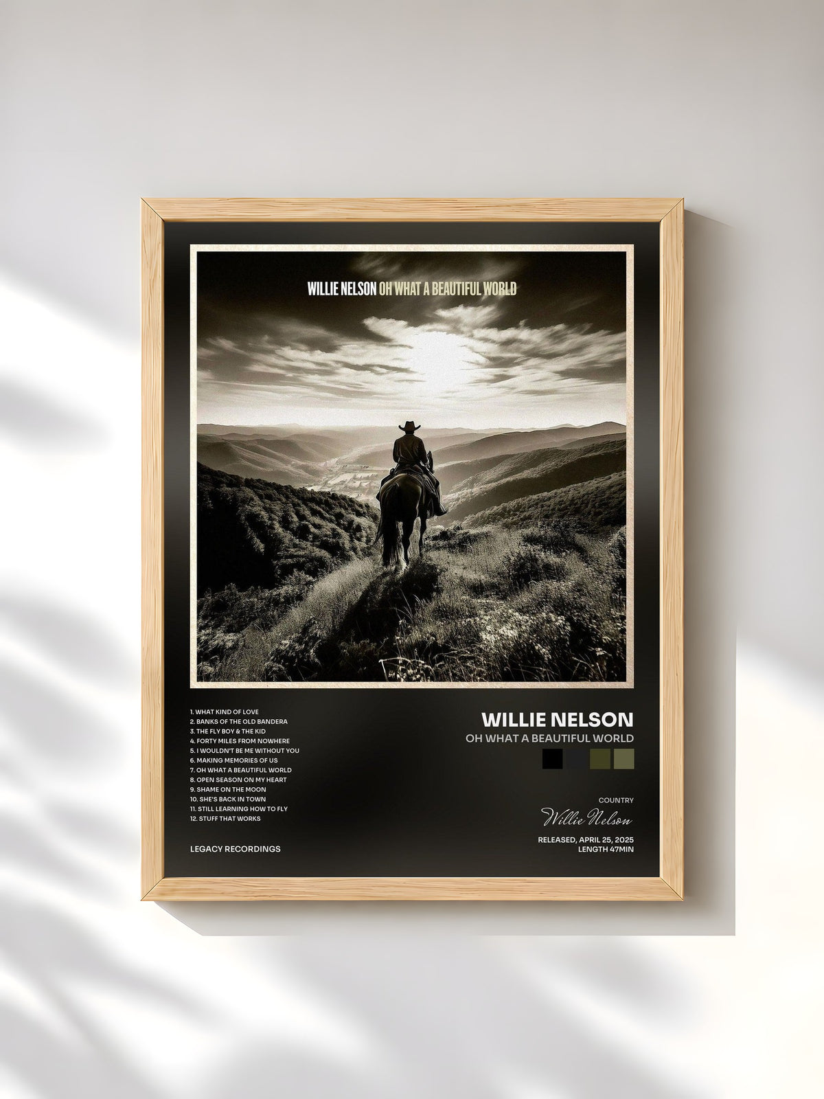 #bois Tableau de l'album Oh What A Beautiful World de Willie Nelson, cadre en bois brut, imprimé et encadré en France
