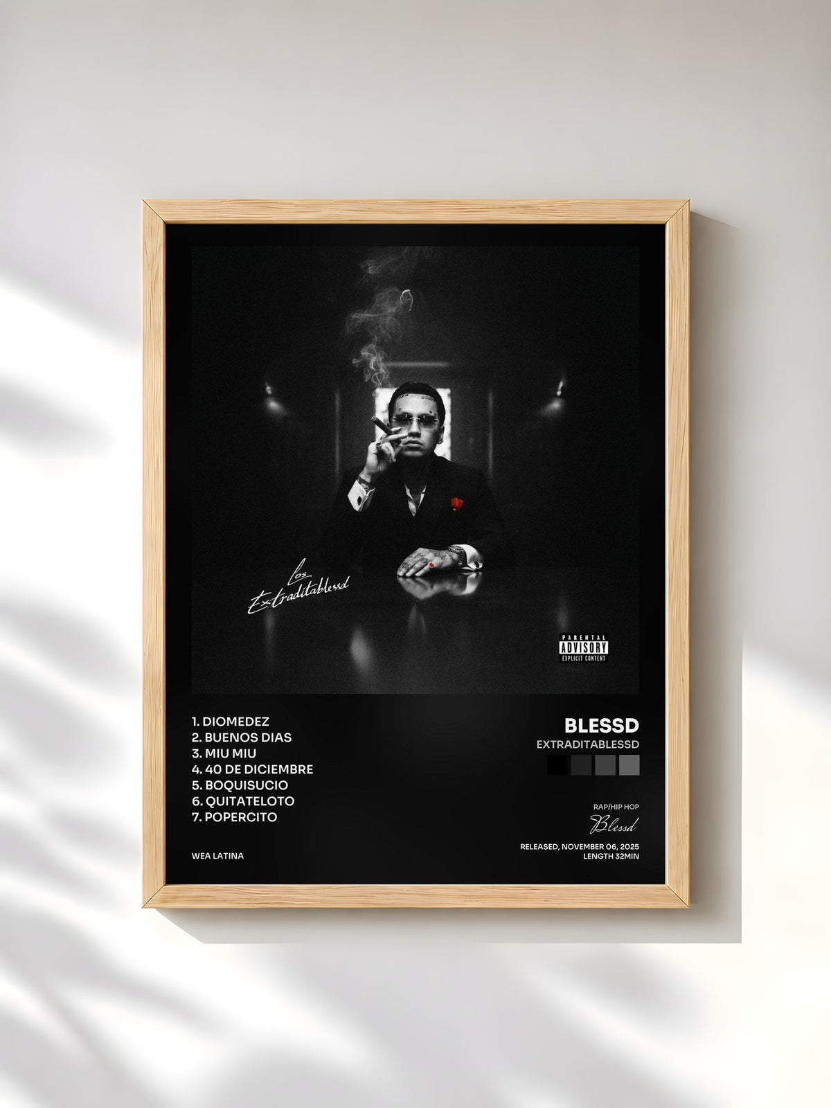 #bois Tableau de l'album EXTRADITABLESSD de Blessd, cadre en bois brut, imprimé et encadré en France