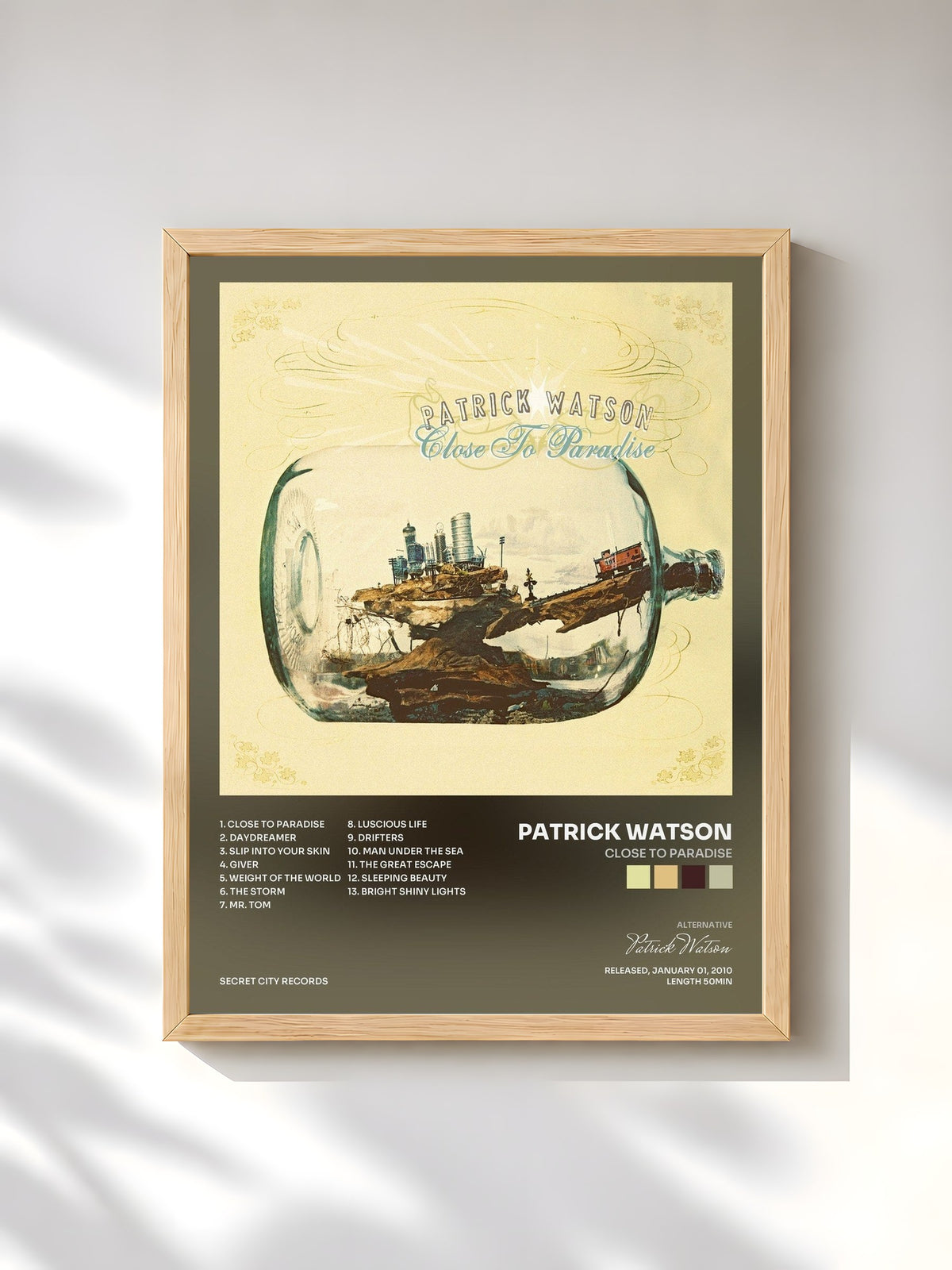 #bois Tableau de l'album Close to Paradise de Patrick Watson, cadre en bois brut, imprimé et encadré en France