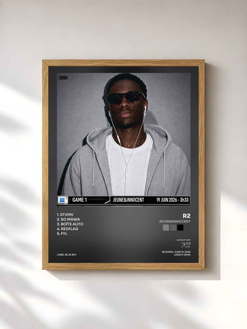#bois Tableau de l'album JEUNE&INNOCENT de R2, cadre en bois brut, imprimé et encadré en France