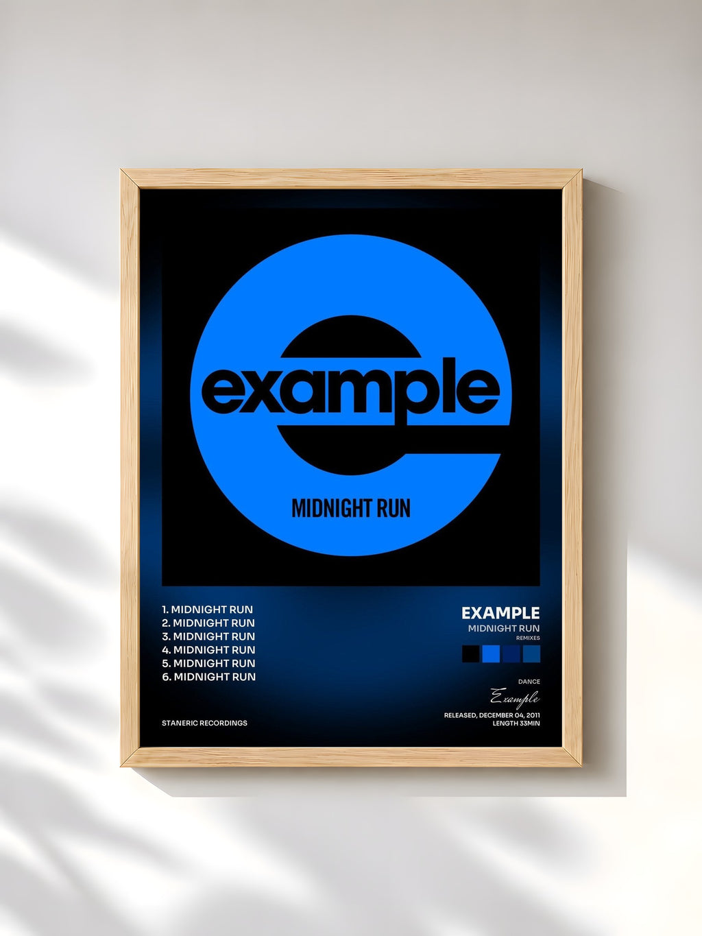 #bois Tableau de l'album Midnight Run (Remixes) de Example, cadre en bois brut, imprimé et encadré en France