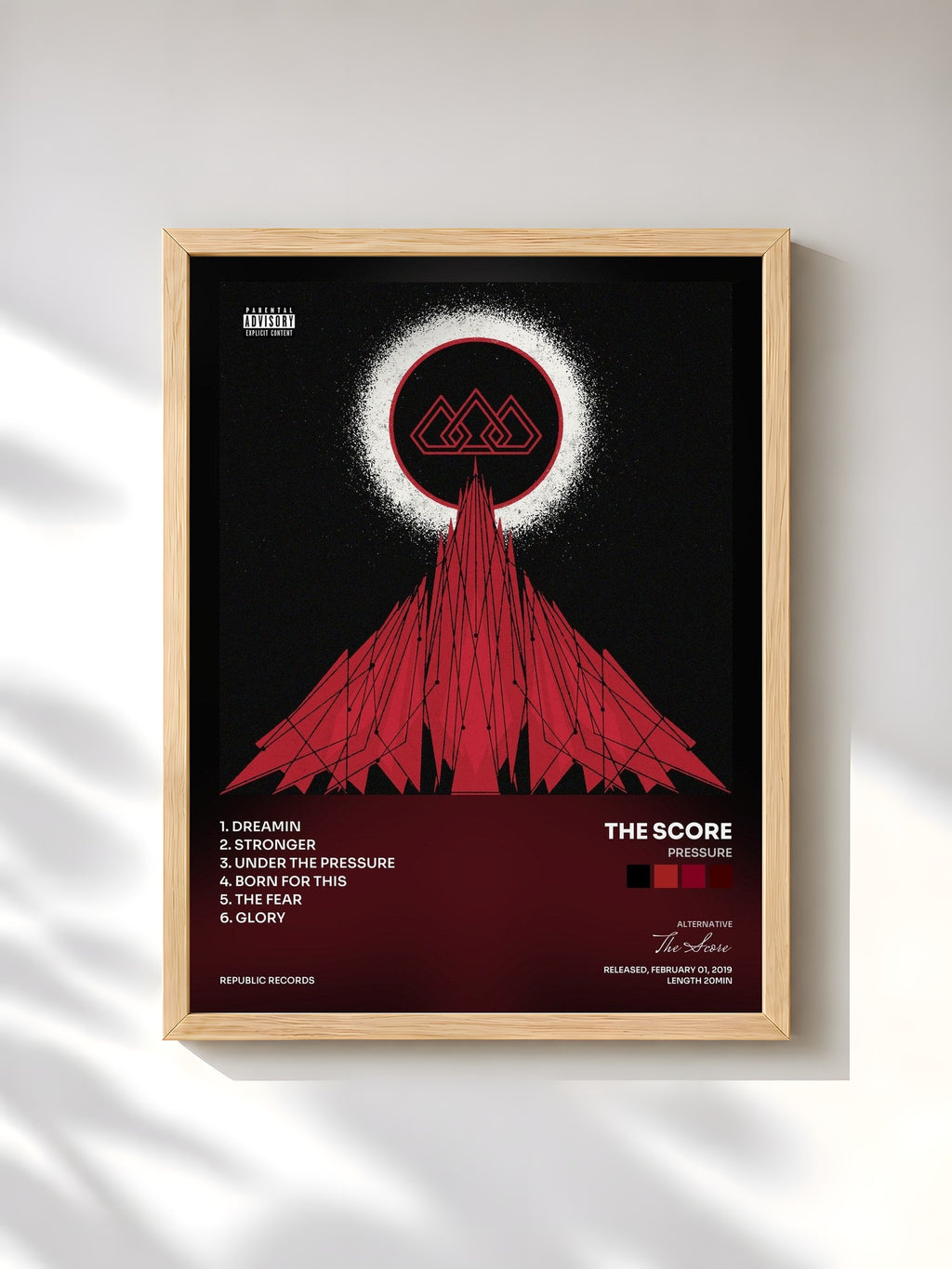 #bois Tableau de l'album Pressure de The Score, cadre en bois brut, imprimé et encadré en France