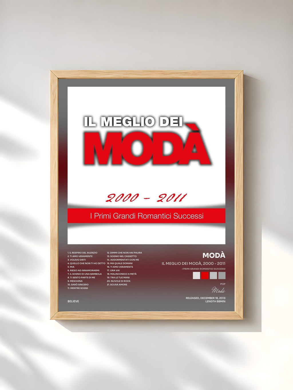 #bois Tableau de l'album Il meglio dei Modà, 2000 - 2011 (I primi grandi romantici successi) de Modà, cadre en bois brut, imprimé et encadré en France