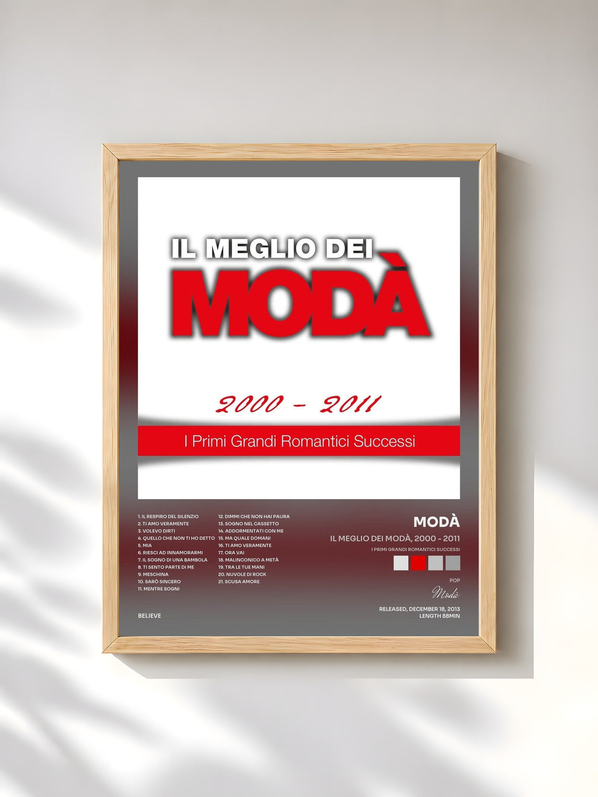 #bois Tableau de l'album Il meglio dei Modà, 2000 - 2011 (I primi grandi romantici successi) de Modà, cadre en bois brut, imprimé et encadré en France
