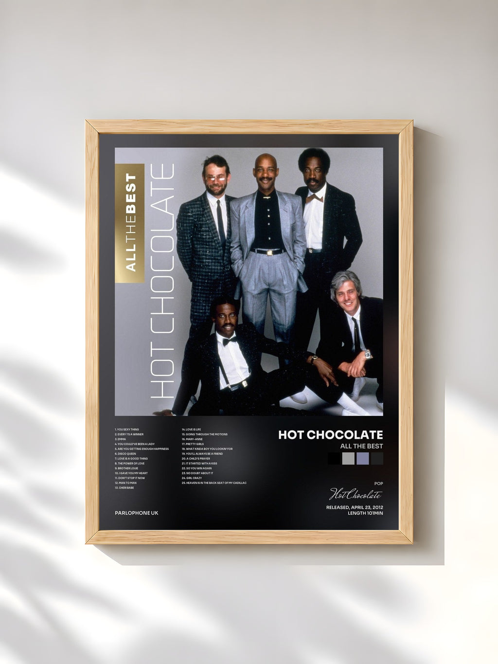 #bois Tableau de l'album All the Best de Hot Chocolate, cadre en bois brut, imprimé et encadré en France