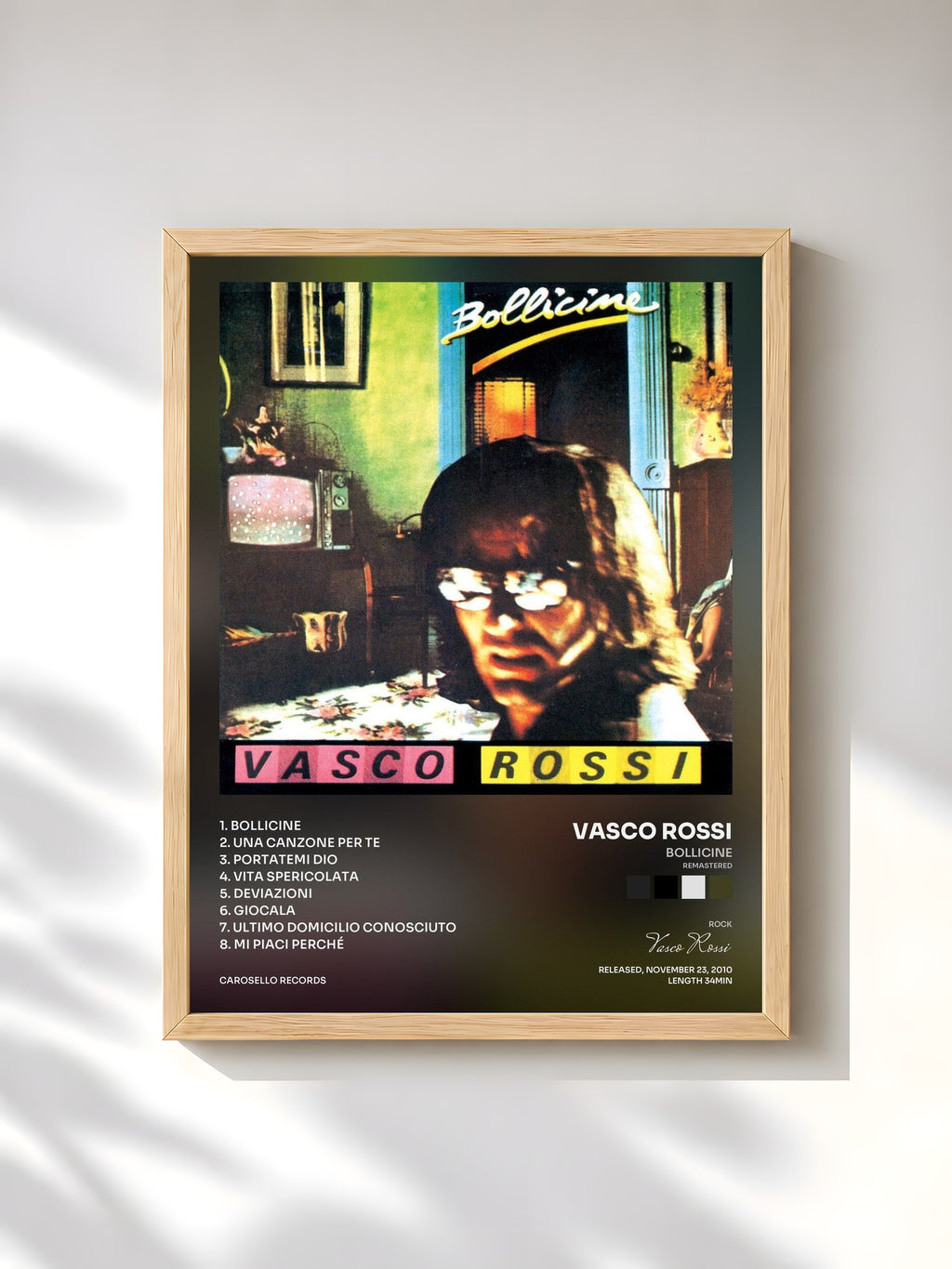 #bois Tableau de l'album Bollicine (Remastered) de Vasco Rossi, cadre en bois brut, imprimé et encadré en France