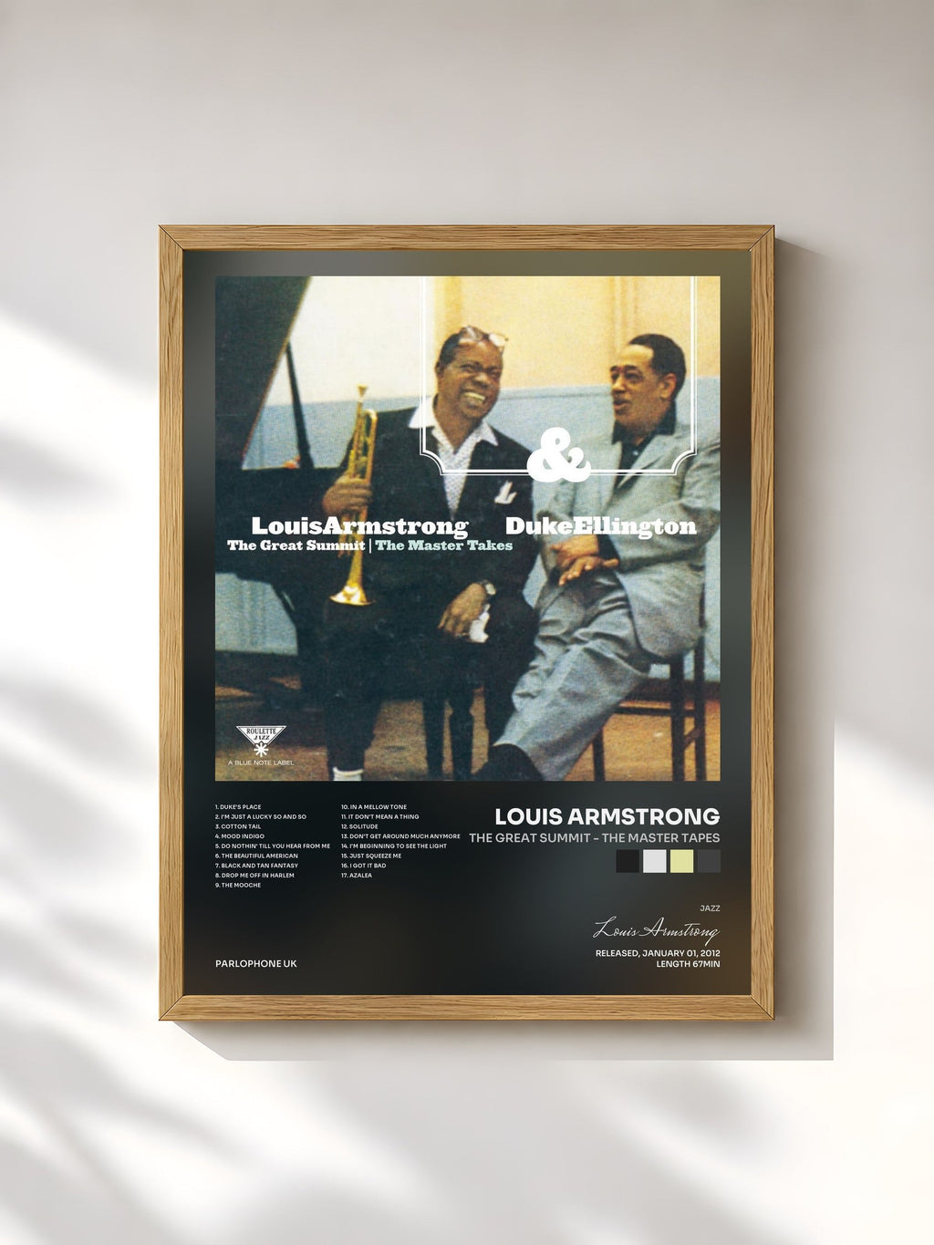 #bois Tableau de l'album The Great Summit - The Master Tapes de Louis Armstrong, cadre en bois brut, imprimé et encadré en France