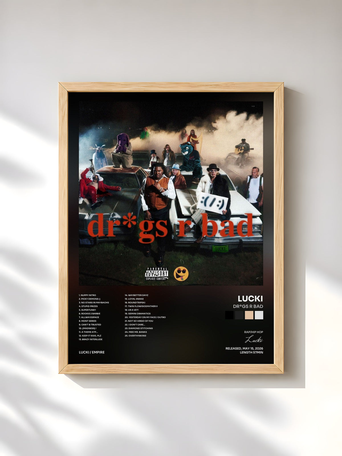 #bois Tableau de l'album Dr*gs R Bad de Lucki, cadre en bois brut, imprimé et encadré en France