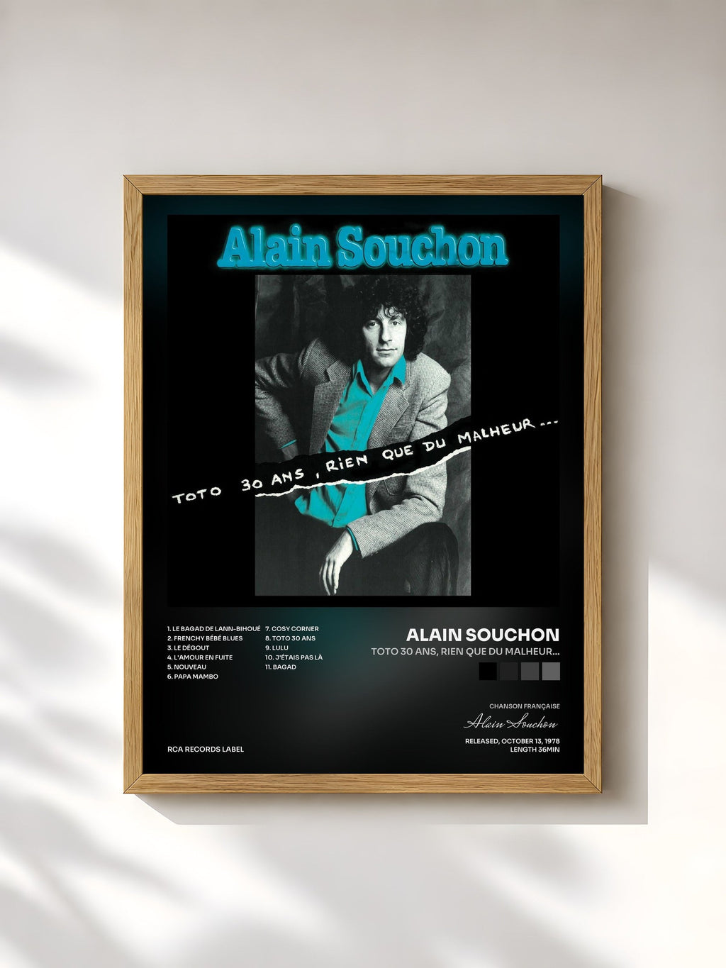#bois Tableau de l'album Toto 30 Ans, Rien Que Du Malheur... de Alain Souchon, cadre en bois brut, imprimé et encadré en France