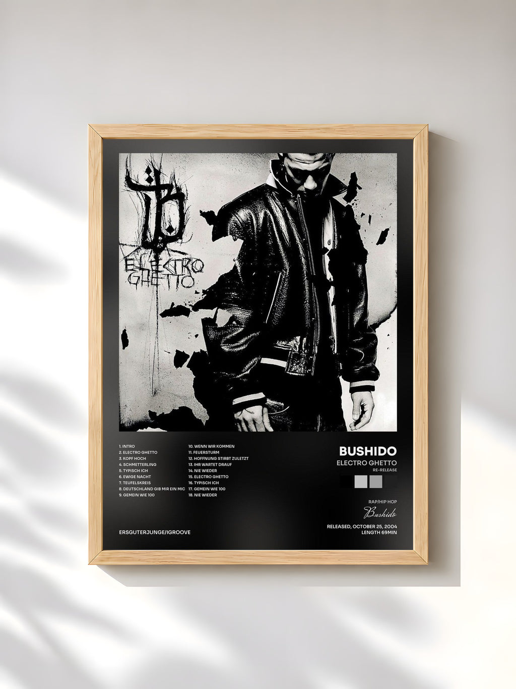 #bois Tableau de l'album Electro Ghetto (Re-Release) de Bushido, cadre en bois brut, imprimé et encadré en France