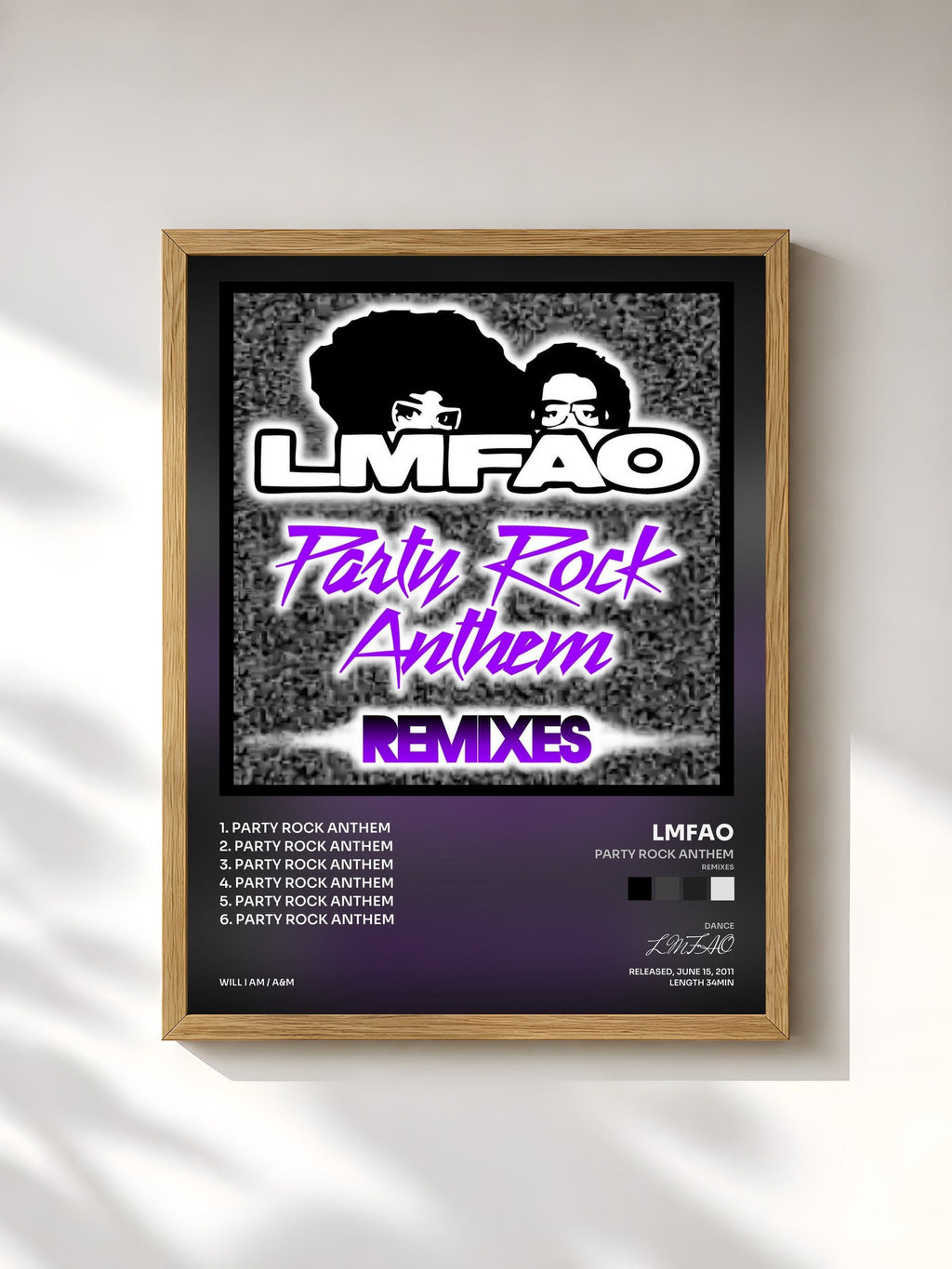 #bois Tableau de l'album Party Rock Anthem (Remixes) de LMFAO, cadre en bois brut, imprimé et encadré en France