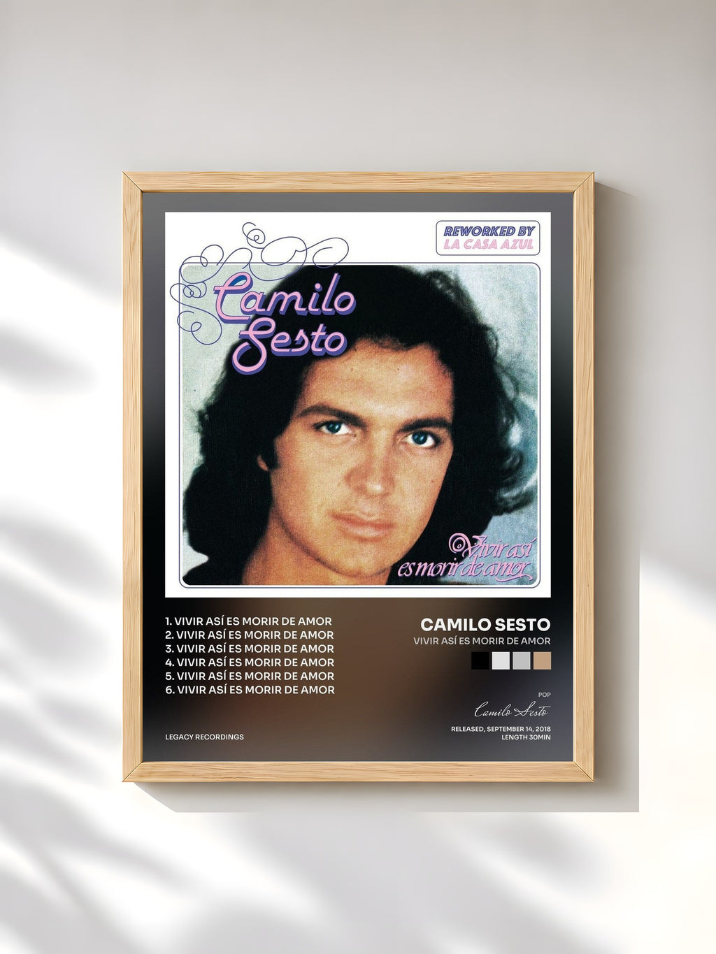 #bois Tableau de l'album Vivir Así Es Morir de Amor de Camilo Sesto, cadre en bois brut, imprimé et encadré en France